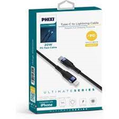 Phixi Ultimate UPD4117 Hasır Örgü ve Güçlendirilmiş Silikon Başlıklı Type-C to Lightning Hızlı Şarj ve Data Kablo